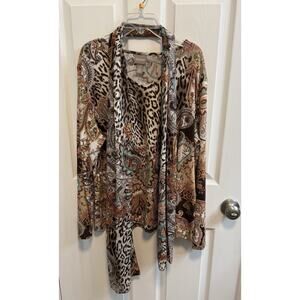 Chicos 2 Large Long Sleeve Top Brown Multi Paisley Detachable Scarf Preowned